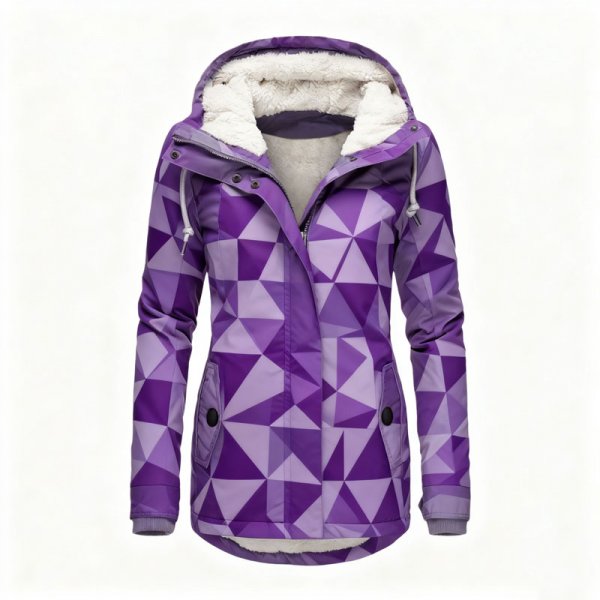 Women's Purple Geometric Pattern Fleece-Lined Hooded Jacket