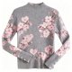 Women's Gray Ribbed Turtleneck Sweater with Cherry Blossom & Heart Print