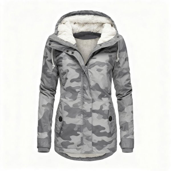 Women's Gray Camouflage Fleece-Lined Hooded Jacket