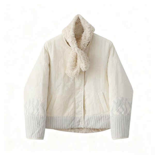 Women's Cream Quilted Jacket with Gray Stripe Panel Detail