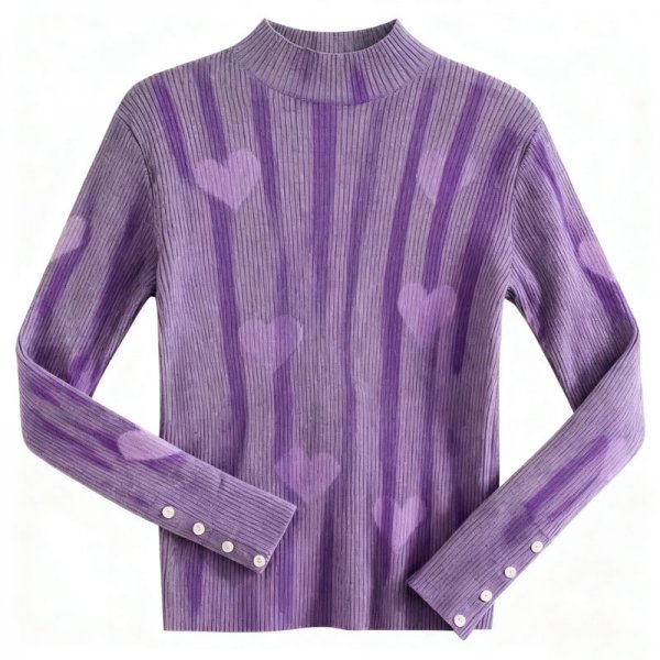 Women's Purple Ribbed Turtleneck Sweater with Heart Print & Stripe Detail