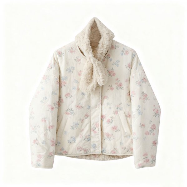 Women's Dainty Floral Print Cream Quilted Jacket with Faux Fur Collar