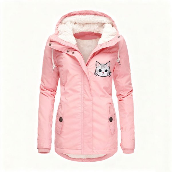 Women's Pink Cat Embroidery Fleece-Lined Hooded Jacket