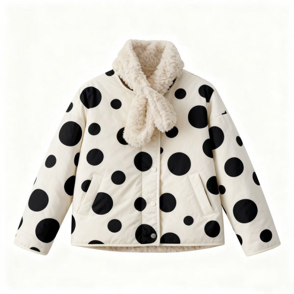 Women's Black & White Polka Dot Quilted Jacket with Faux Fur Collar