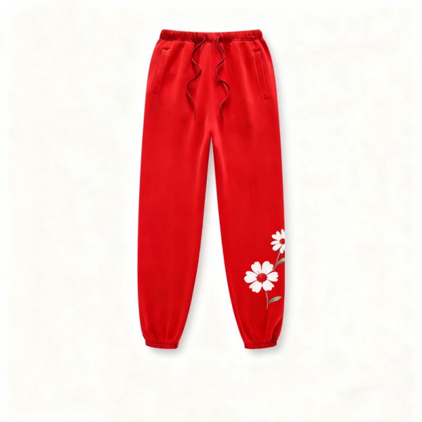 Women's Red Sweatpants with White Daisy Print