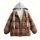 Women's Vintage Brown Plaid Print Contrast Hood Puffer Jacket