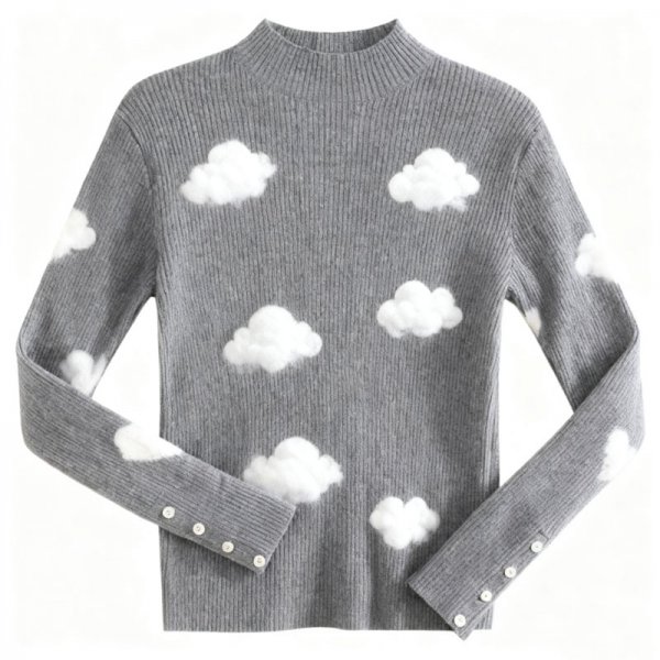 Women's Gray Ribbed Turtleneck Sweater with 3D Cloud Detail
