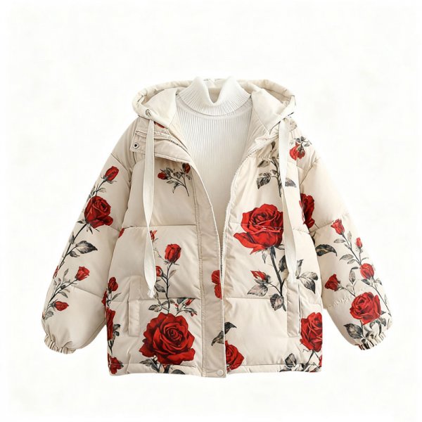 Women's Romantic Red Rose Print Hooded Puffer Jacket
