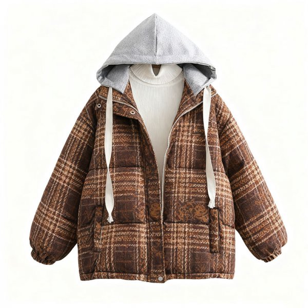 Women's Vintage Brown Plaid Print Contrast Hood Puffer Jacket