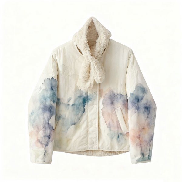 Women's Artistic Watercolor Print Cream Quilted Jacket with Faux Fur Collar