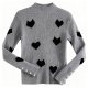 Women's Gray Ribbed Turtleneck Sweater with Black Cat & Heart Print